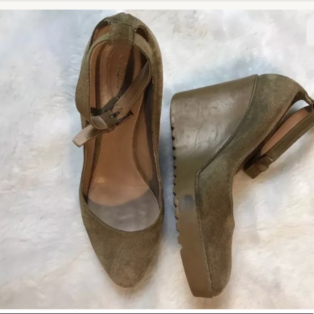 CHLOE Tan Brown Suede Leather Ankle Strap Wedge